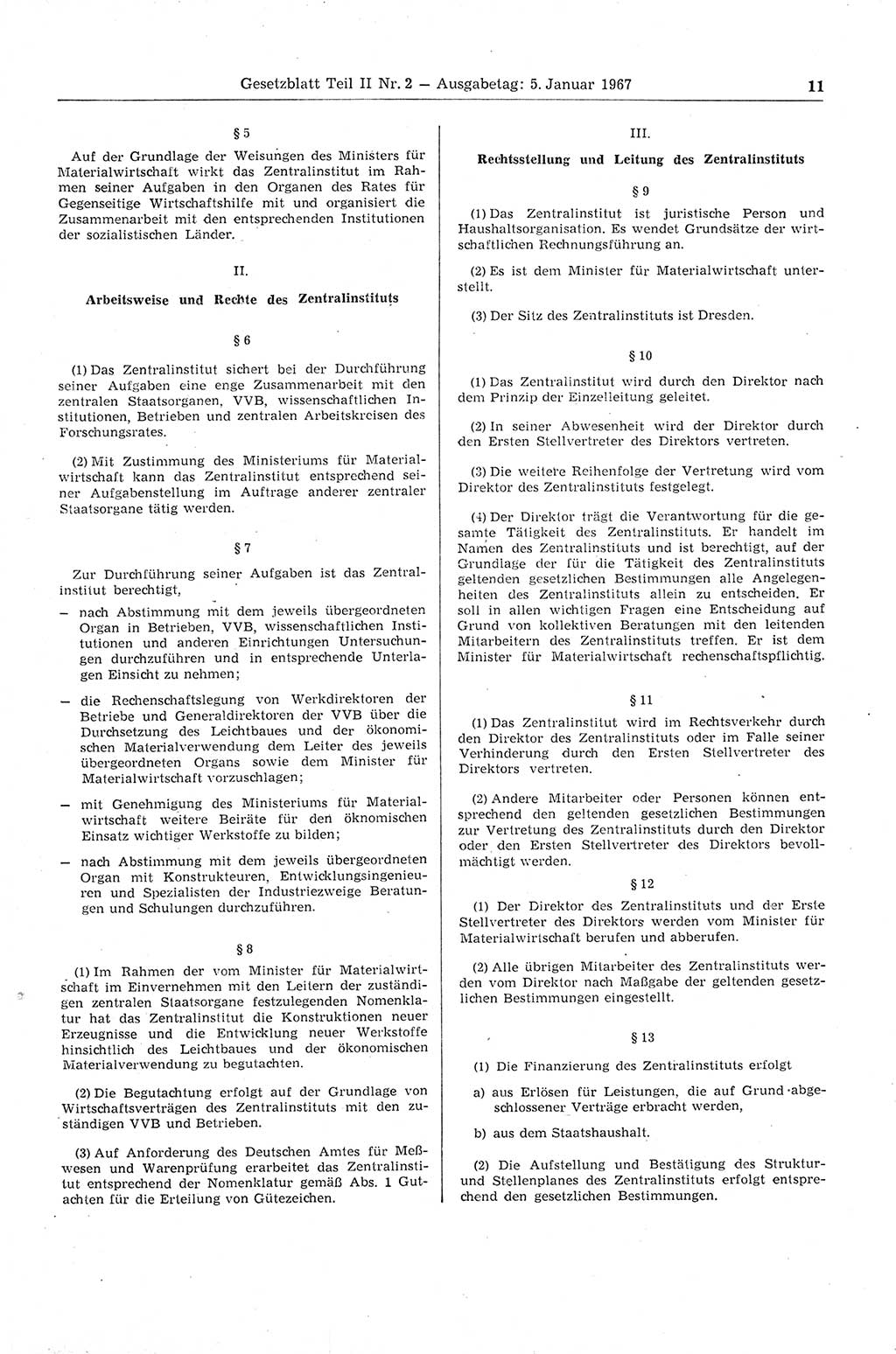Gesetzblatt (GBl.) der Deutschen Demokratischen Republik (DDR) Teil ⅠⅠ 1967, Seite 11 (GBl. DDR ⅠⅠ 1967, S. 11)