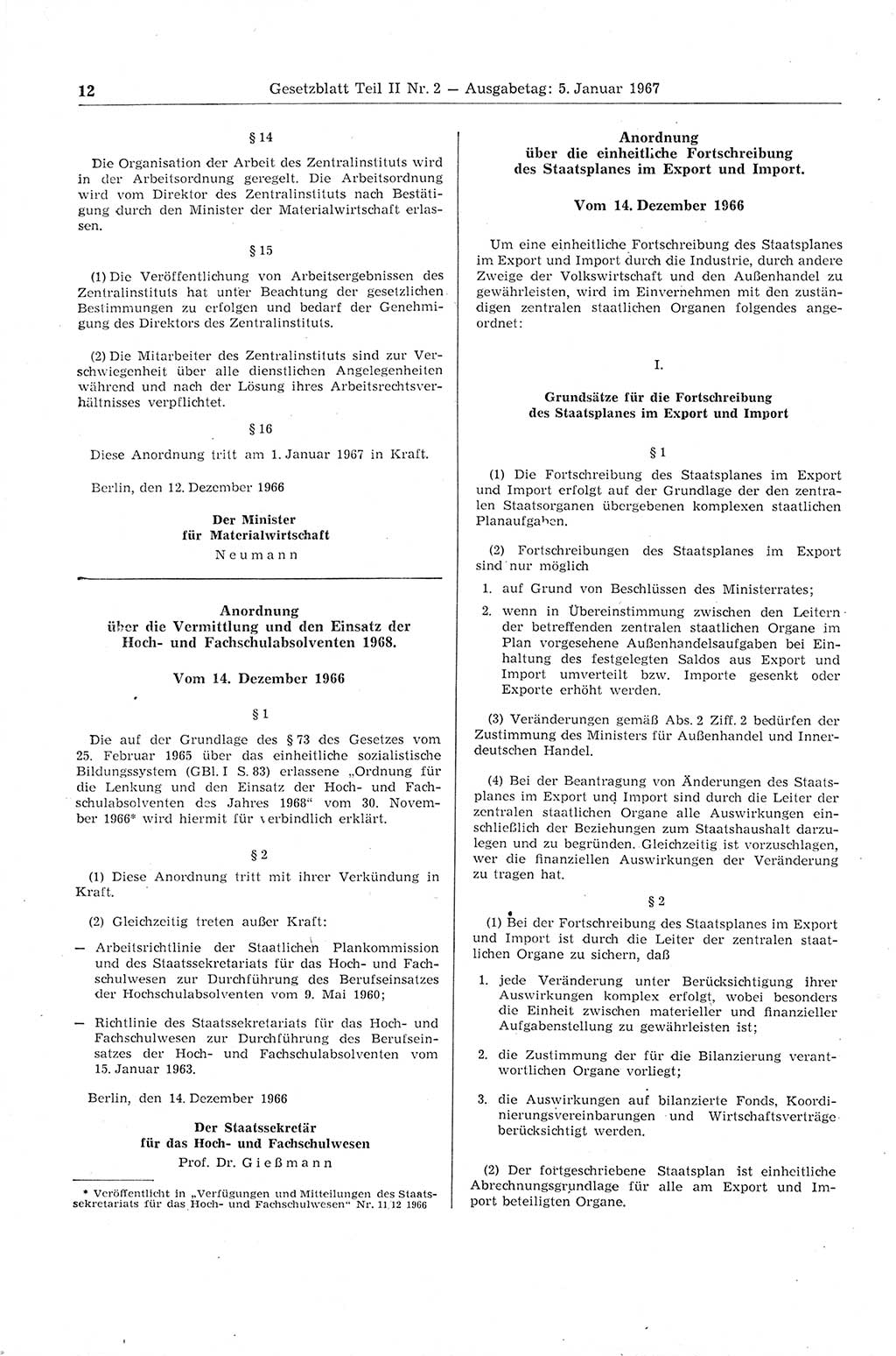 Gesetzblatt (GBl.) der Deutschen Demokratischen Republik (DDR) Teil ⅠⅠ 1967, Seite 12 (GBl. DDR ⅠⅠ 1967, S. 12)