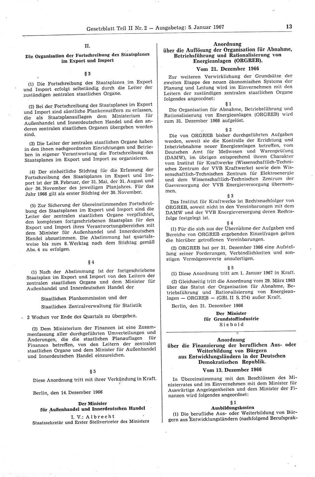 Gesetzblatt (GBl.) der Deutschen Demokratischen Republik (DDR) Teil ⅠⅠ 1967, Seite 13 (GBl. DDR ⅠⅠ 1967, S. 13)
