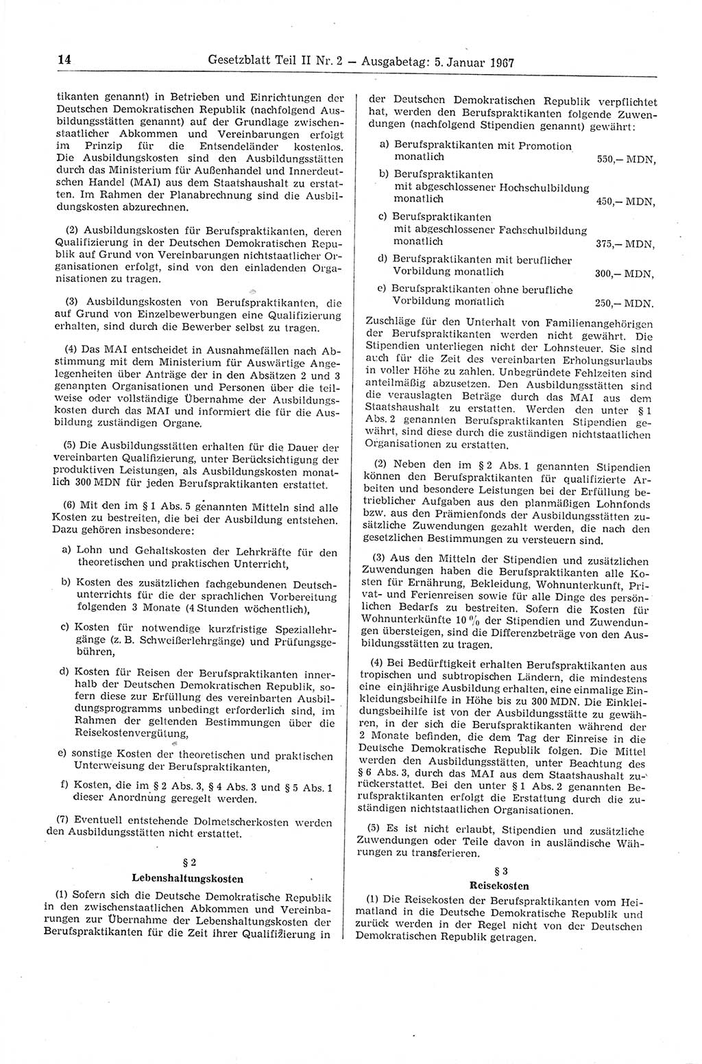 Gesetzblatt (GBl.) der Deutschen Demokratischen Republik (DDR) Teil ⅠⅠ 1967, Seite 14 (GBl. DDR ⅠⅠ 1967, S. 14)