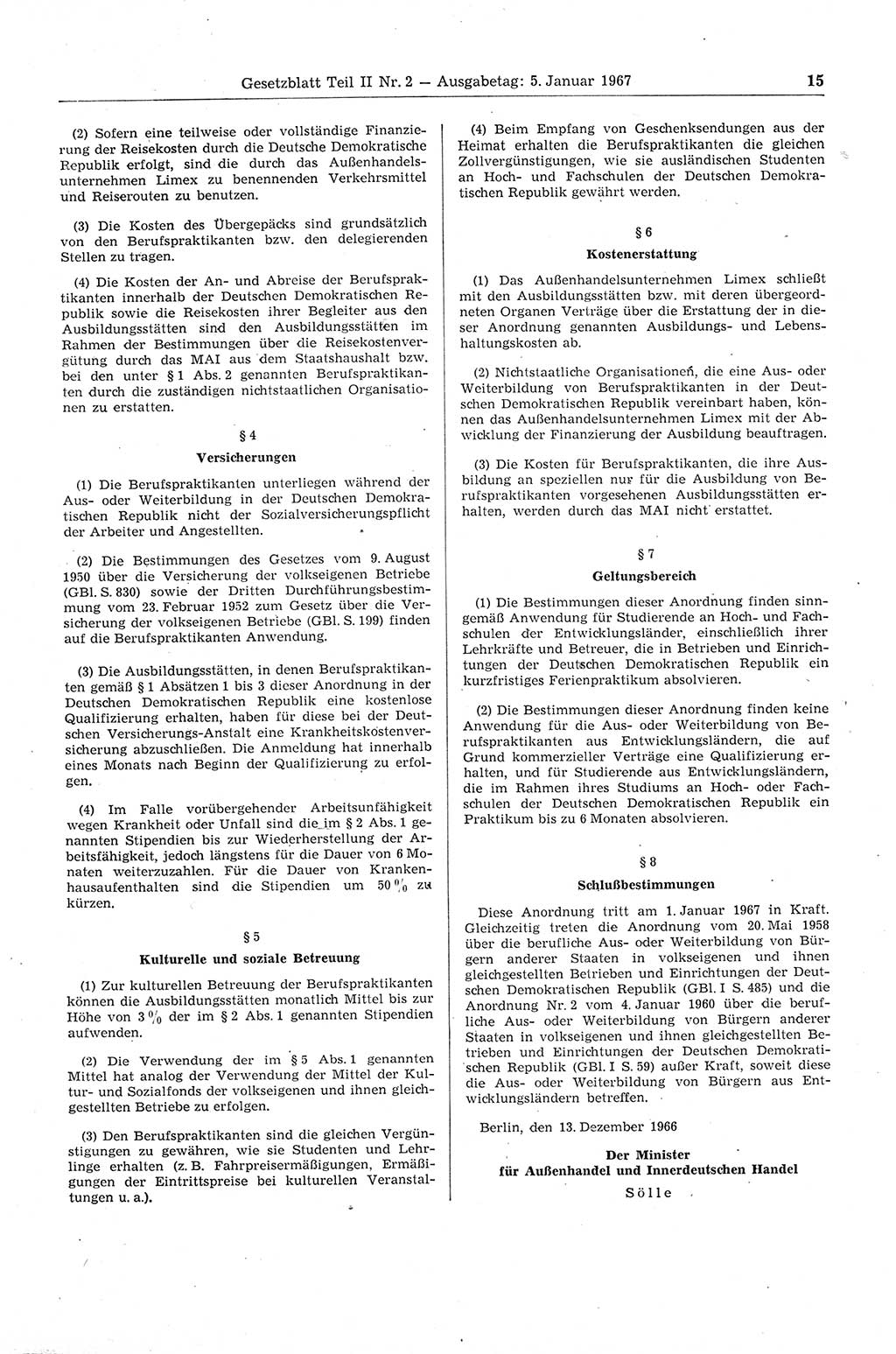 Gesetzblatt (GBl.) der Deutschen Demokratischen Republik (DDR) Teil ⅠⅠ 1967, Seite 15 (GBl. DDR ⅠⅠ 1967, S. 15)