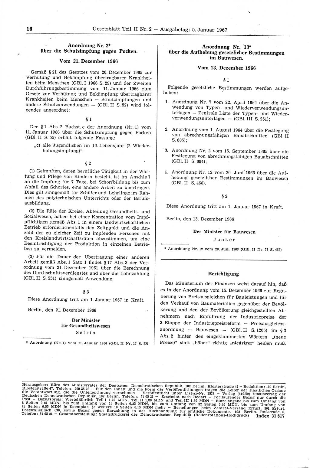 Gesetzblatt (GBl.) der Deutschen Demokratischen Republik (DDR) Teil ⅠⅠ 1967, Seite 16 (GBl. DDR ⅠⅠ 1967, S. 16)