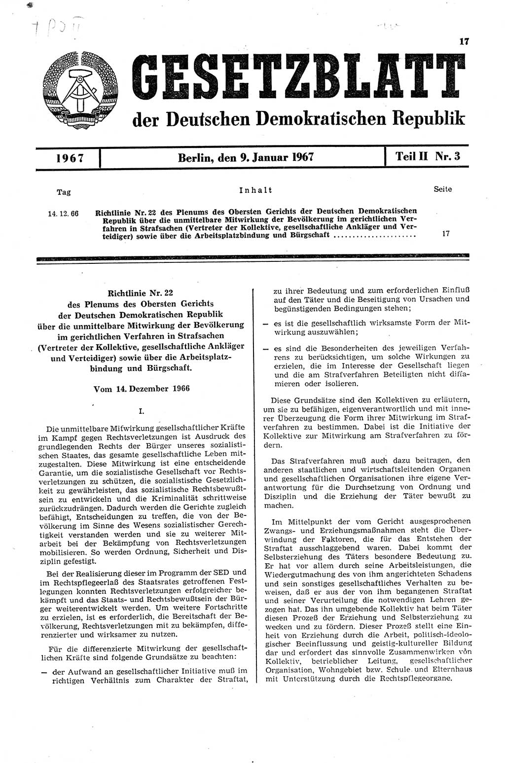 Gesetzblatt (GBl.) der Deutschen Demokratischen Republik (DDR) Teil ⅠⅠ 1967, Seite 17 (GBl. DDR ⅠⅠ 1967, S. 17)