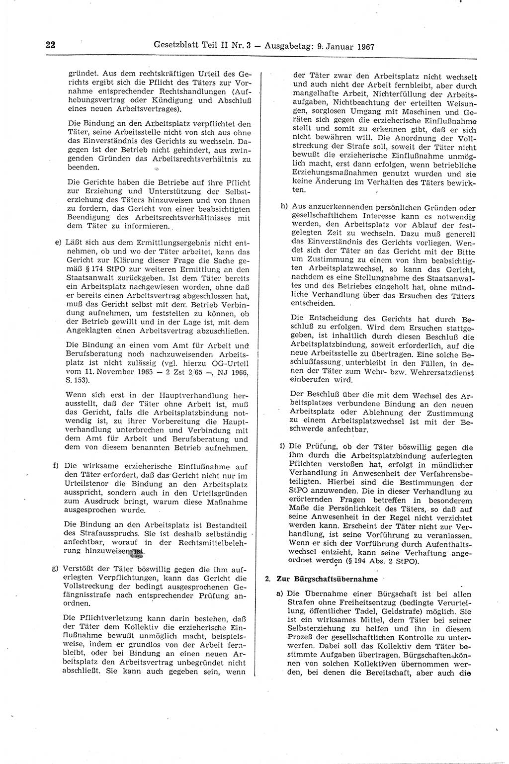 Gesetzblatt (GBl.) der Deutschen Demokratischen Republik (DDR) Teil ⅠⅠ 1967, Seite 22 (GBl. DDR ⅠⅠ 1967, S. 22)
