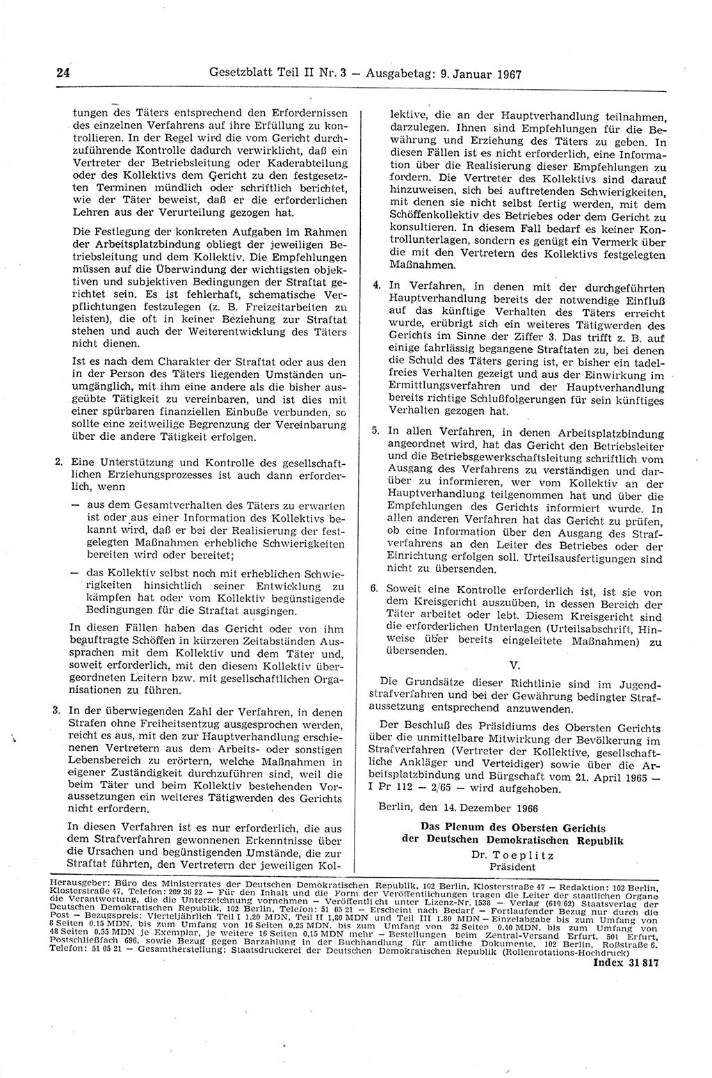 Gesetzblatt (GBl.) der Deutschen Demokratischen Republik (DDR) Teil ⅠⅠ 1967, Seite 24 (GBl. DDR ⅠⅠ 1967, S. 24)