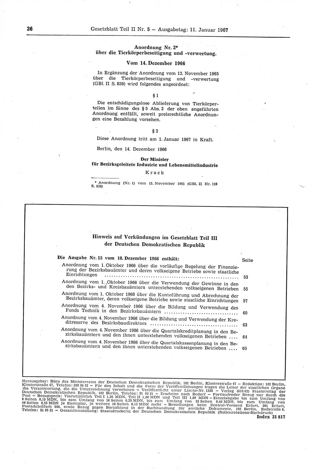 Gesetzblatt (GBl.) der Deutschen Demokratischen Republik (DDR) Teil ⅠⅠ 1967, Seite 36 (GBl. DDR ⅠⅠ 1967, S. 36)