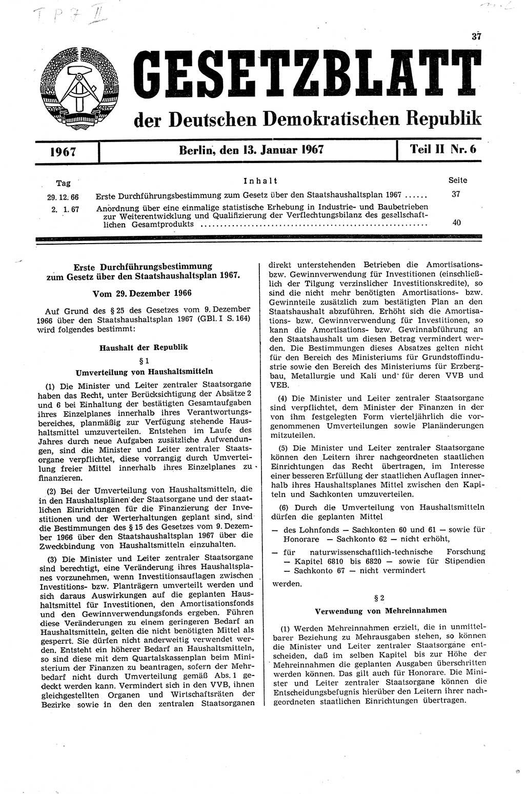 Gesetzblatt (GBl.) der Deutschen Demokratischen Republik (DDR) Teil ⅠⅠ 1967, Seite 37 (GBl. DDR ⅠⅠ 1967, S. 37)