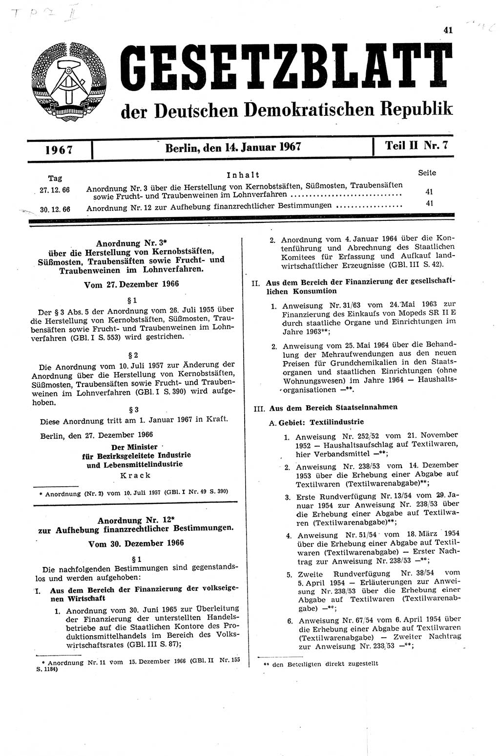 Gesetzblatt (GBl.) der Deutschen Demokratischen Republik (DDR) Teil ⅠⅠ 1967, Seite 41 (GBl. DDR ⅠⅠ 1967, S. 41)