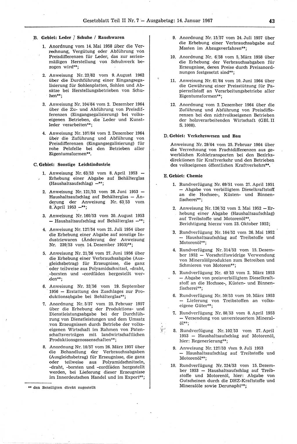 Gesetzblatt (GBl.) der Deutschen Demokratischen Republik (DDR) Teil ⅠⅠ 1967, Seite 43 (GBl. DDR ⅠⅠ 1967, S. 43)