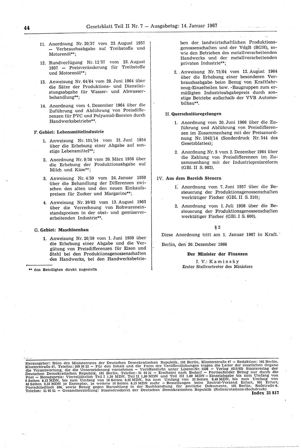 Gesetzblatt (GBl.) der Deutschen Demokratischen Republik (DDR) Teil ⅠⅠ 1967, Seite 44 (GBl. DDR ⅠⅠ 1967, S. 44)