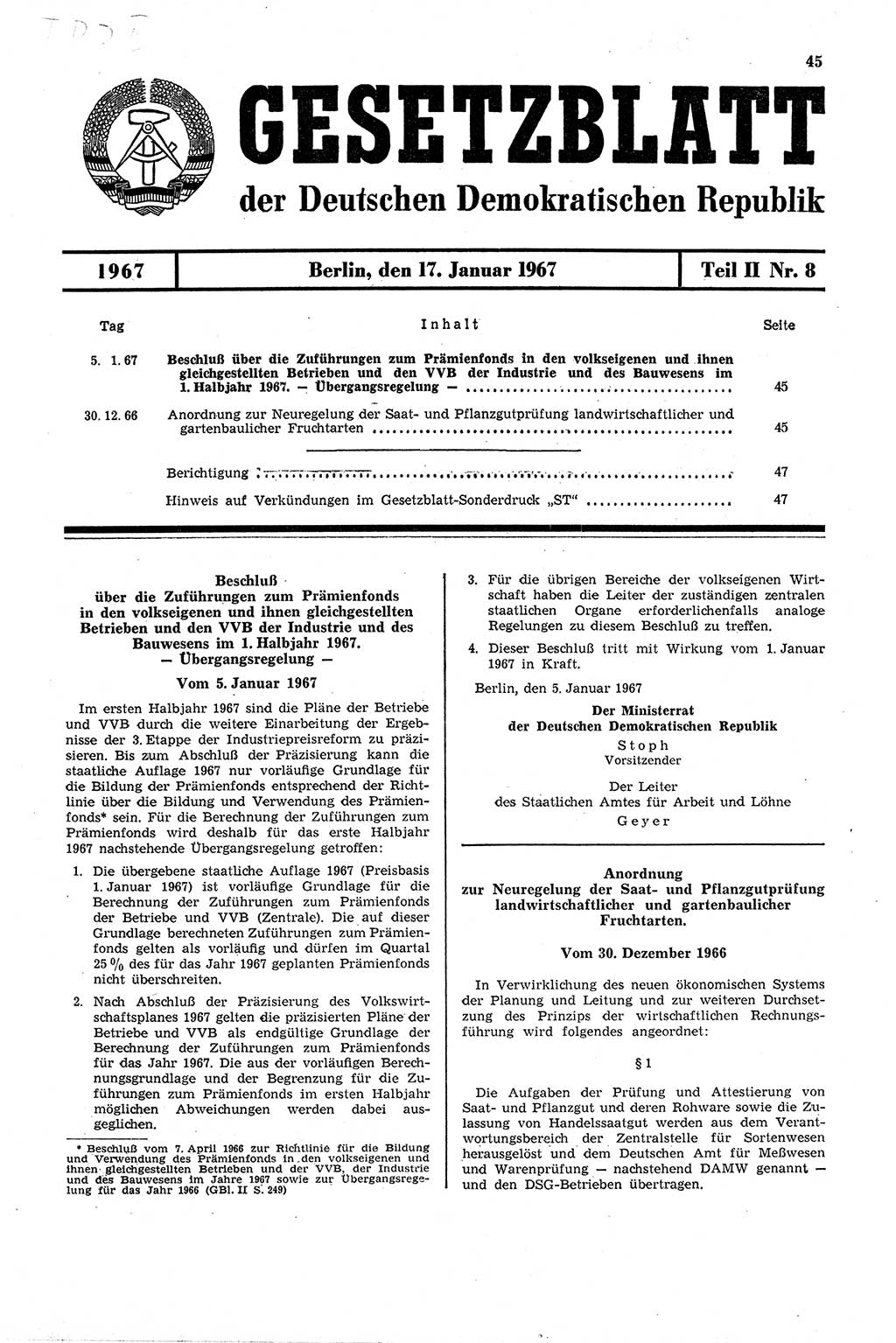 Gesetzblatt (GBl.) der Deutschen Demokratischen Republik (DDR) Teil ⅠⅠ 1967, Seite 45 (GBl. DDR ⅠⅠ 1967, S. 45)