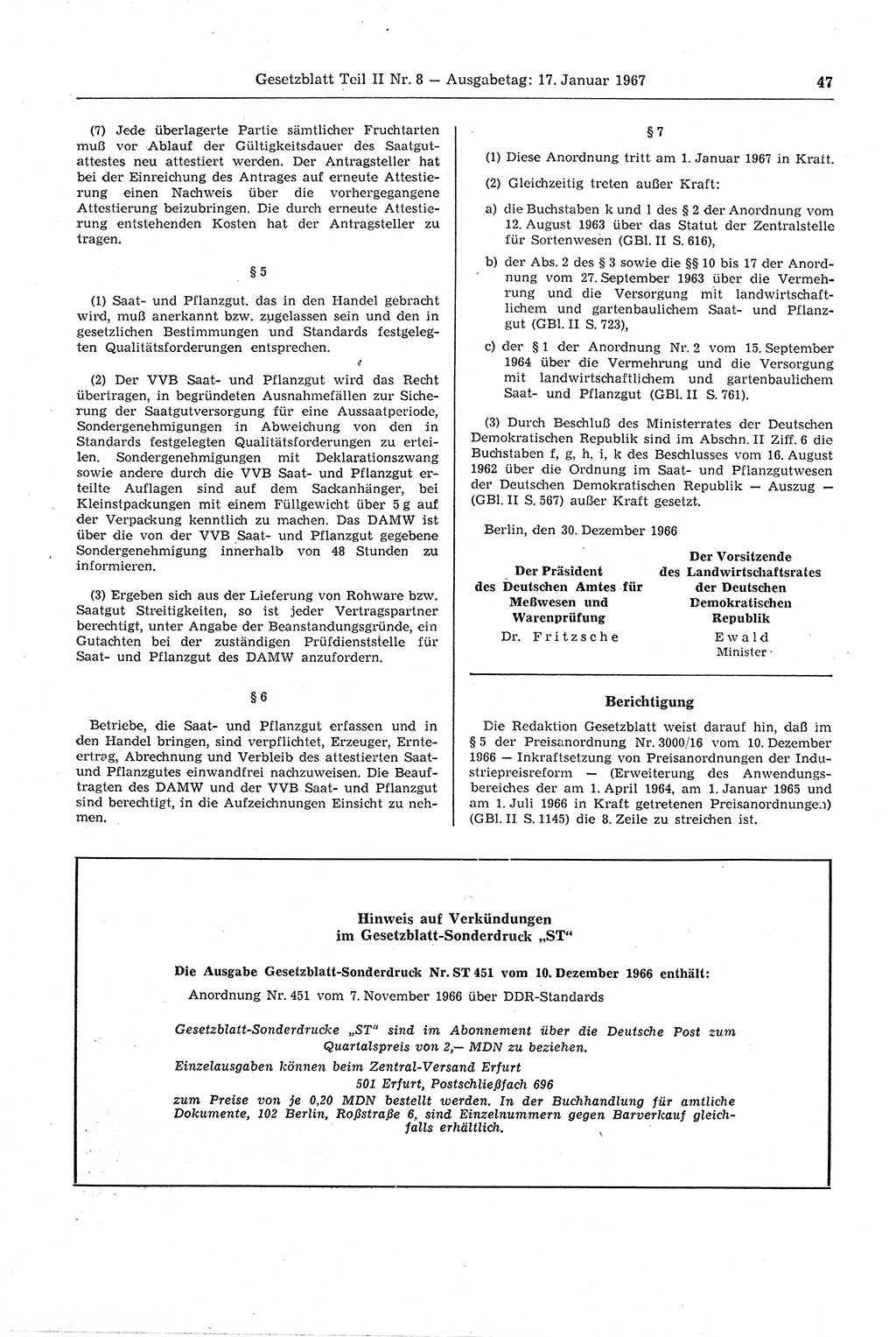 Gesetzblatt (GBl.) der Deutschen Demokratischen Republik (DDR) Teil ⅠⅠ 1967, Seite 47 (GBl. DDR ⅠⅠ 1967, S. 47)
