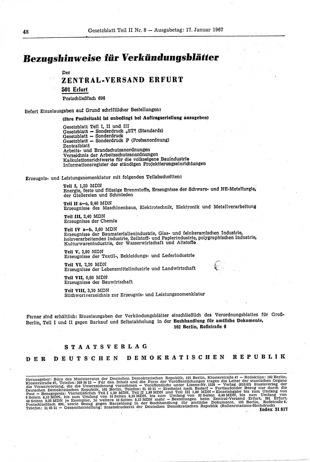 Gesetzblatt (GBl.) der Deutschen Demokratischen Republik (DDR) Teil ⅠⅠ 1967, Seite 48 (GBl. DDR ⅠⅠ 1967, S. 48)
