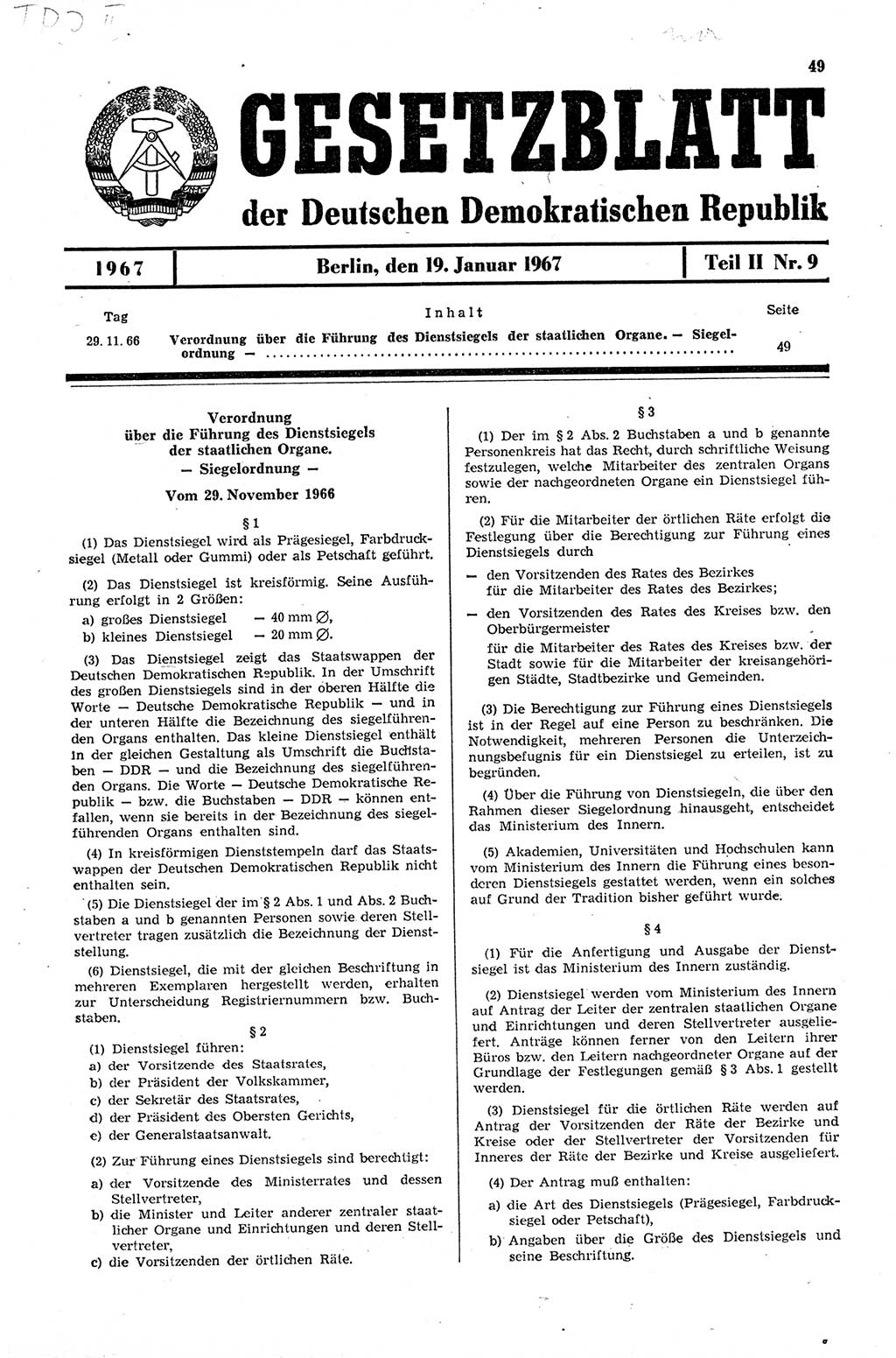 Gesetzblatt (GBl.) der Deutschen Demokratischen Republik (DDR) Teil ⅠⅠ 1967, Seite 49 (GBl. DDR ⅠⅠ 1967, S. 49)