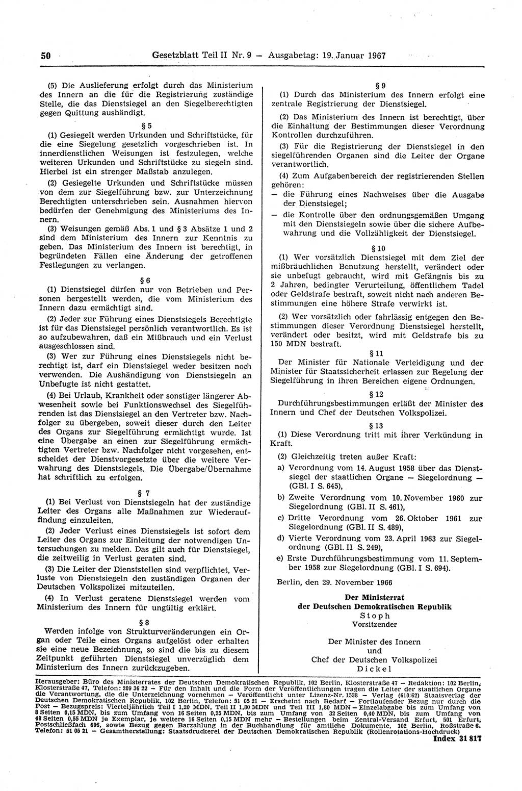 Gesetzblatt (GBl.) der Deutschen Demokratischen Republik (DDR) Teil ⅠⅠ 1967, Seite 50 (GBl. DDR ⅠⅠ 1967, S. 50)