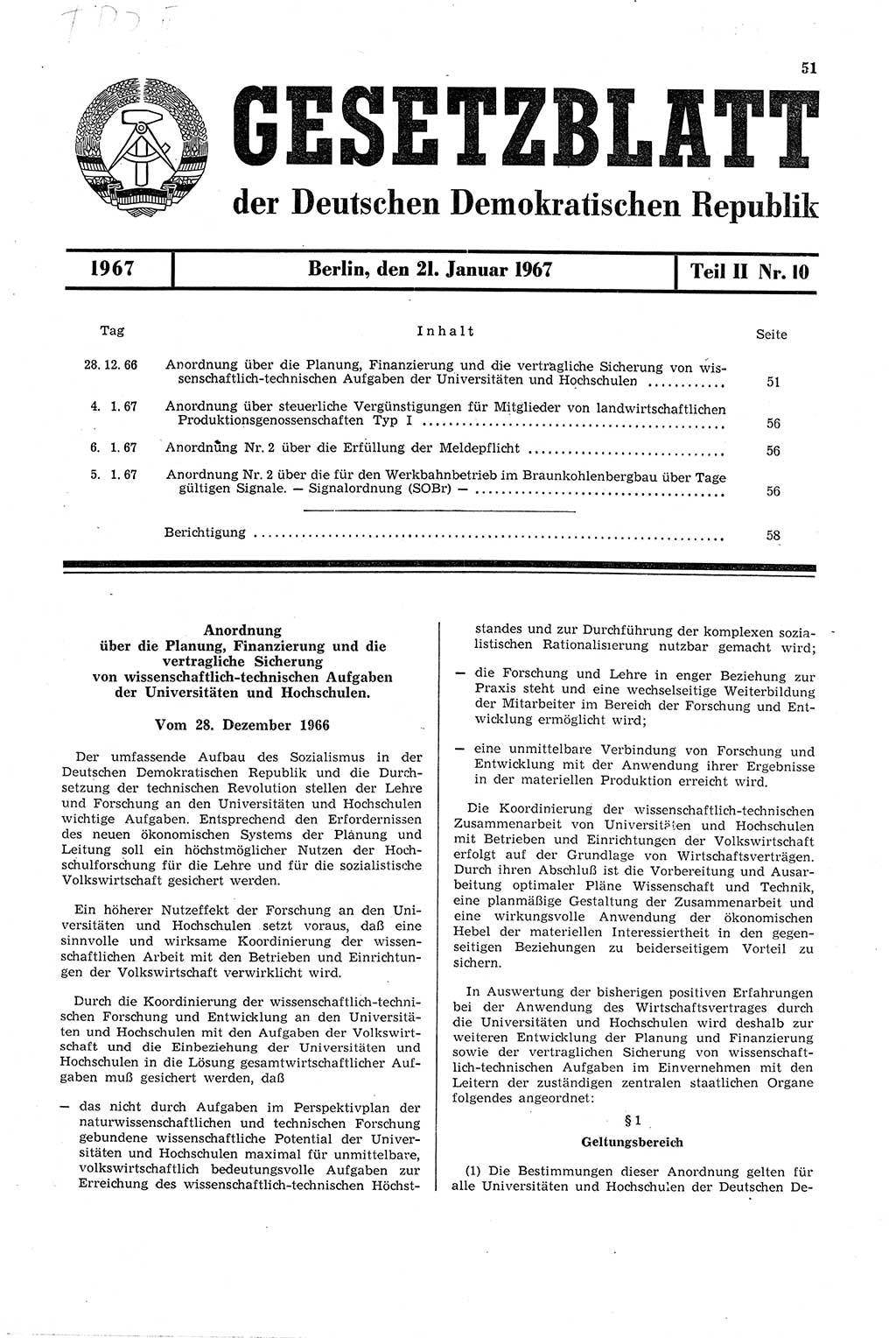 Gesetzblatt (GBl.) der Deutschen Demokratischen Republik (DDR) Teil ⅠⅠ 1967, Seite 51 (GBl. DDR ⅠⅠ 1967, S. 51)