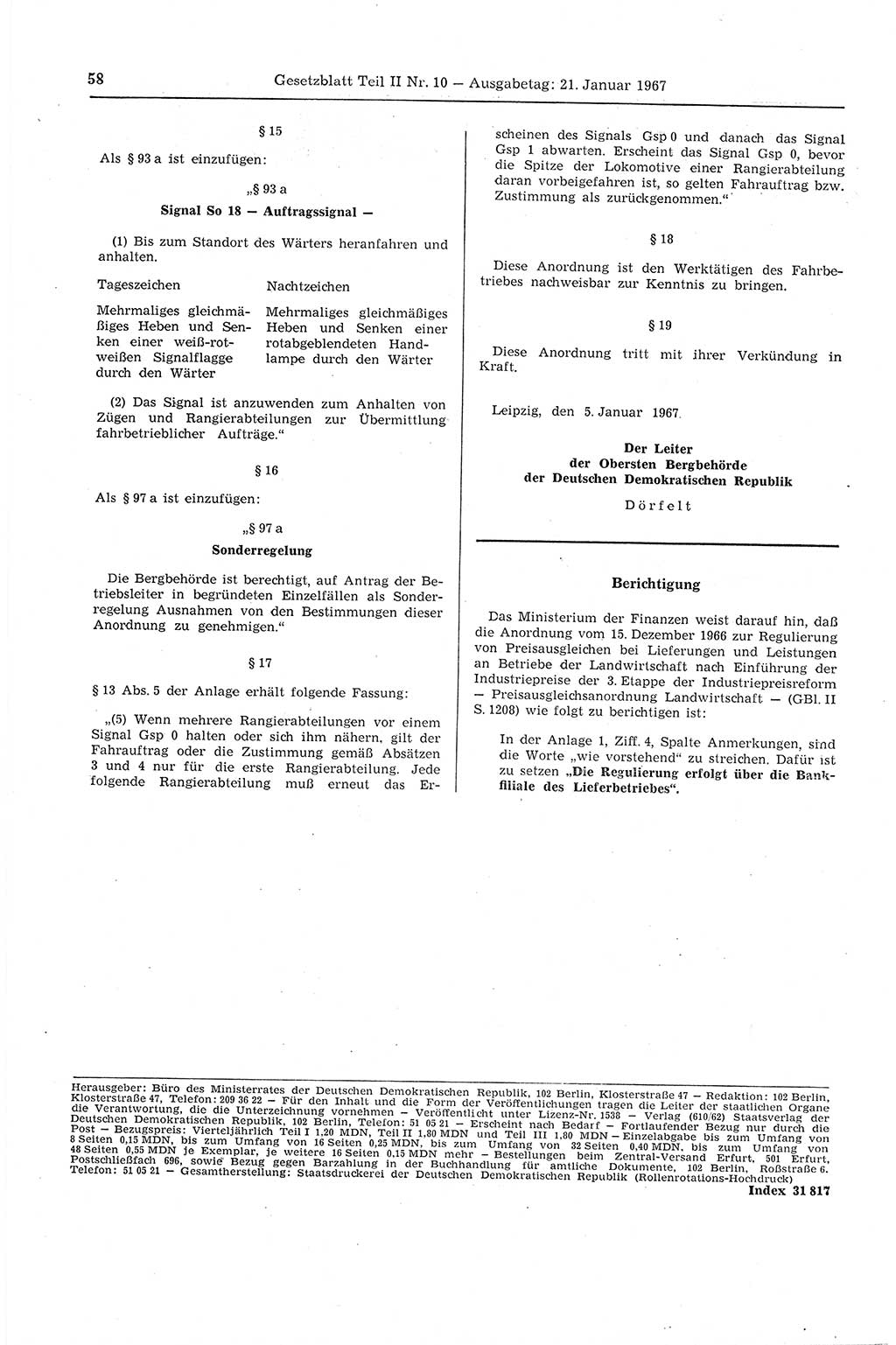 Gesetzblatt (GBl.) der Deutschen Demokratischen Republik (DDR) Teil ⅠⅠ 1967, Seite 58 (GBl. DDR ⅠⅠ 1967, S. 58)