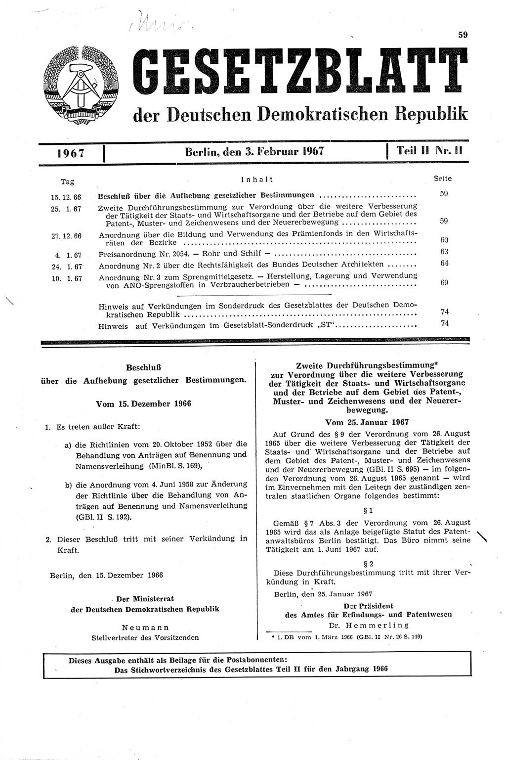 Gesetzblatt (GBl.) der Deutschen Demokratischen Republik (DDR) Teil ⅠⅠ 1967, Seite 59 (GBl. DDR ⅠⅠ 1967, S. 59)