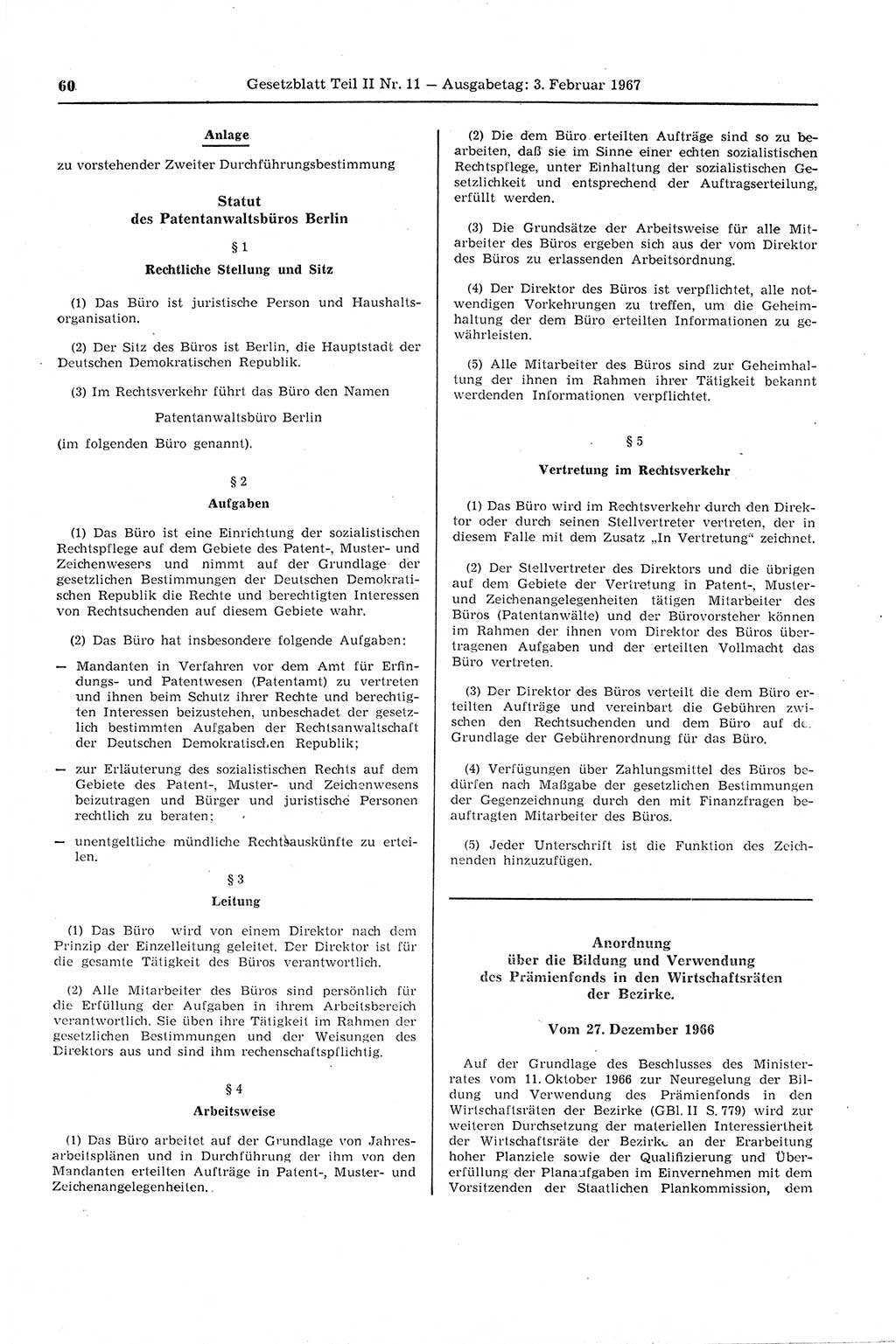Gesetzblatt (GBl.) der Deutschen Demokratischen Republik (DDR) Teil ⅠⅠ 1967, Seite 60 (GBl. DDR ⅠⅠ 1967, S. 60)