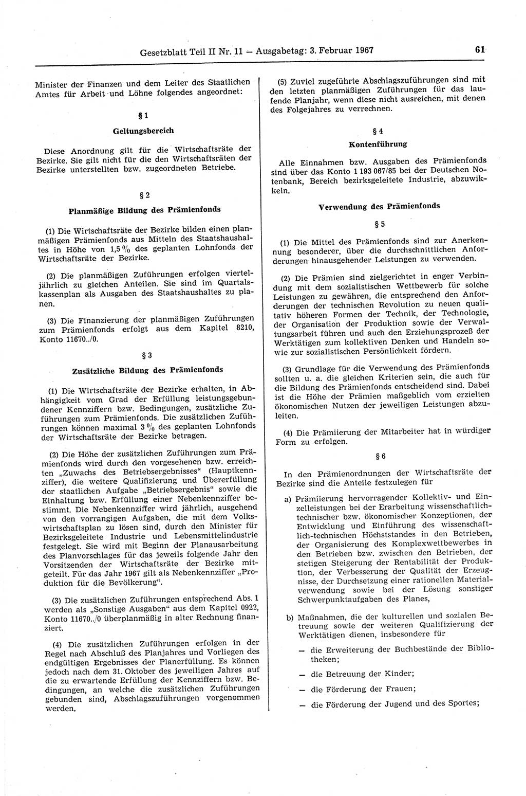 Gesetzblatt (GBl.) der Deutschen Demokratischen Republik (DDR) Teil ⅠⅠ 1967, Seite 61 (GBl. DDR ⅠⅠ 1967, S. 61)