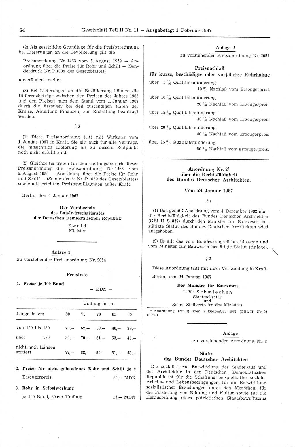 Gesetzblatt (GBl.) der Deutschen Demokratischen Republik (DDR) Teil ⅠⅠ 1967, Seite 64 (GBl. DDR ⅠⅠ 1967, S. 64)