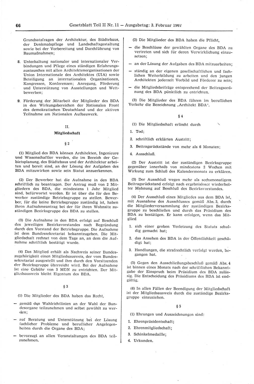 Gesetzblatt (GBl.) der Deutschen Demokratischen Republik (DDR) Teil ⅠⅠ 1967, Seite 66 (GBl. DDR ⅠⅠ 1967, S. 66)