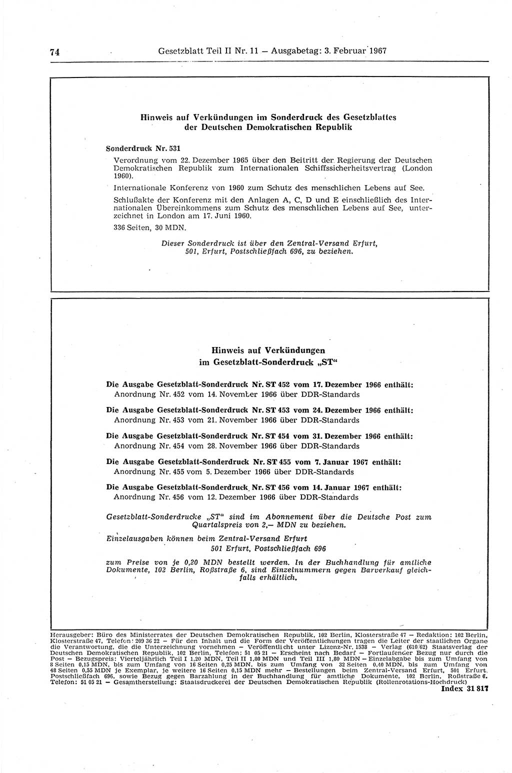 Gesetzblatt (GBl.) der Deutschen Demokratischen Republik (DDR) Teil ⅠⅠ 1967, Seite 74 (GBl. DDR ⅠⅠ 1967, S. 74)