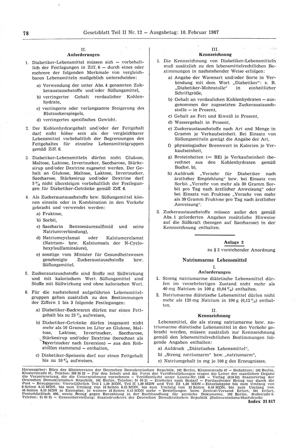 Gesetzblatt (GBl.) der Deutschen Demokratischen Republik (DDR) Teil ⅠⅠ 1967, Seite 78 (GBl. DDR ⅠⅠ 1967, S. 78)