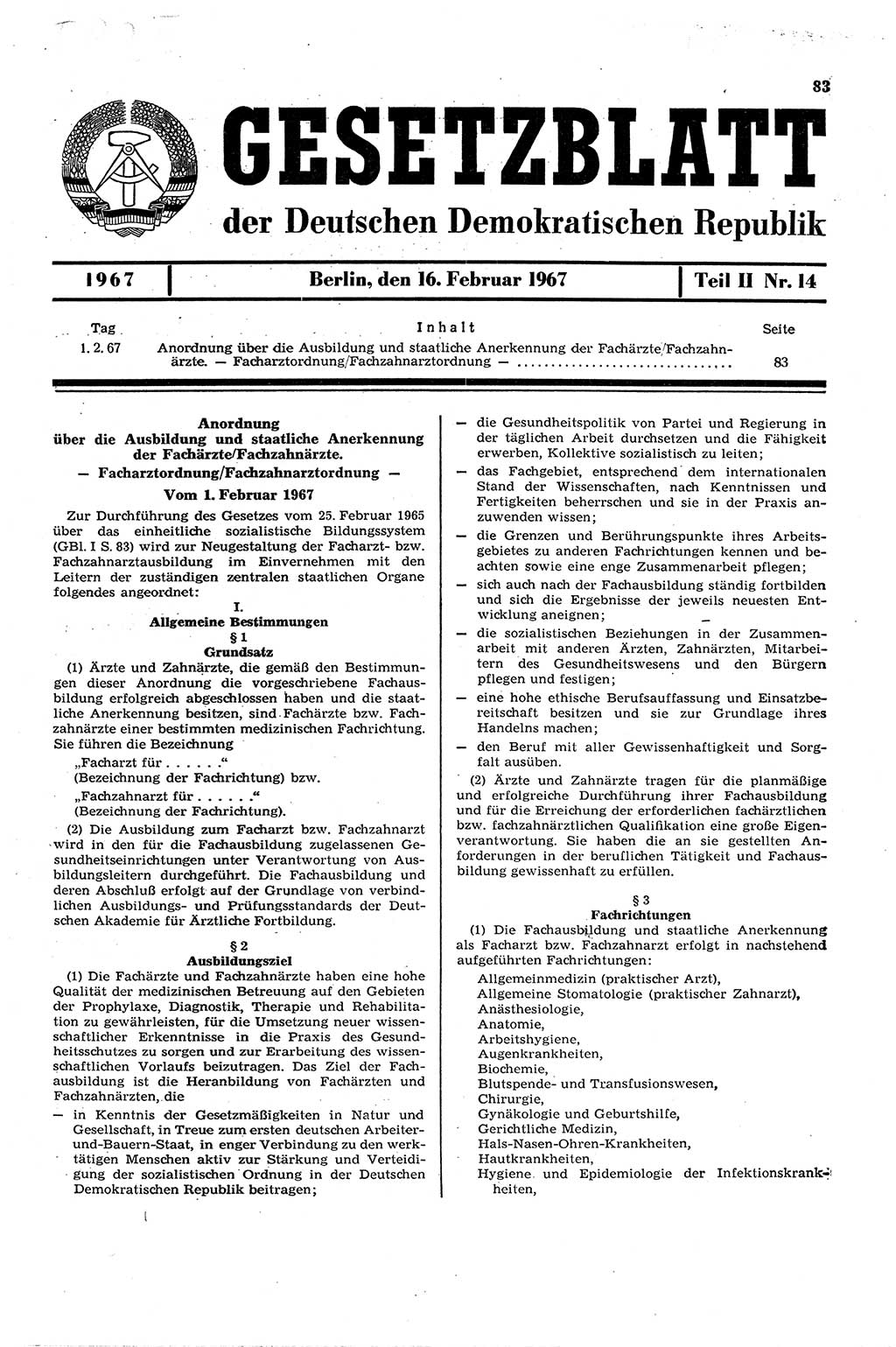 Gesetzblatt (GBl.) der Deutschen Demokratischen Republik (DDR) Teil ⅠⅠ 1967, Seite 83 (GBl. DDR ⅠⅠ 1967, S. 83)