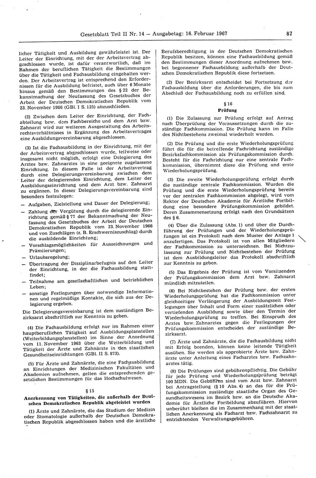 Gesetzblatt (GBl.) der Deutschen Demokratischen Republik (DDR) Teil ⅠⅠ 1967, Seite 87 (GBl. DDR ⅠⅠ 1967, S. 87)