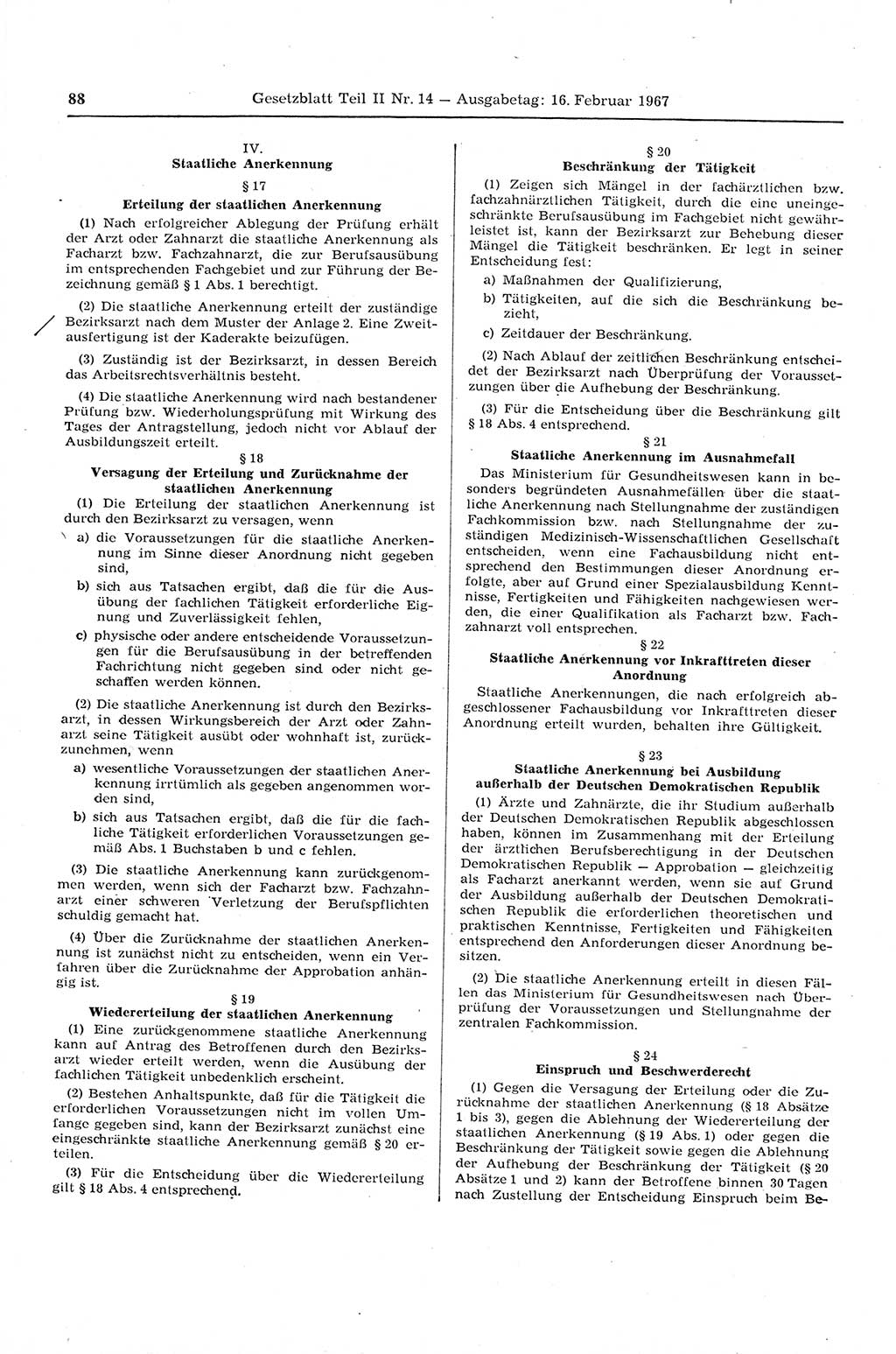 Gesetzblatt (GBl.) der Deutschen Demokratischen Republik (DDR) Teil ⅠⅠ 1967, Seite 88 (GBl. DDR ⅠⅠ 1967, S. 88)