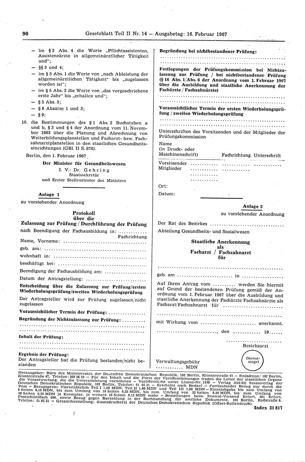 Gesetzblatt (GBl.) der Deutschen Demokratischen Republik (DDR) Teil ⅠⅠ 1967, Seite 90 (GBl. DDR ⅠⅠ 1967, S. 90)