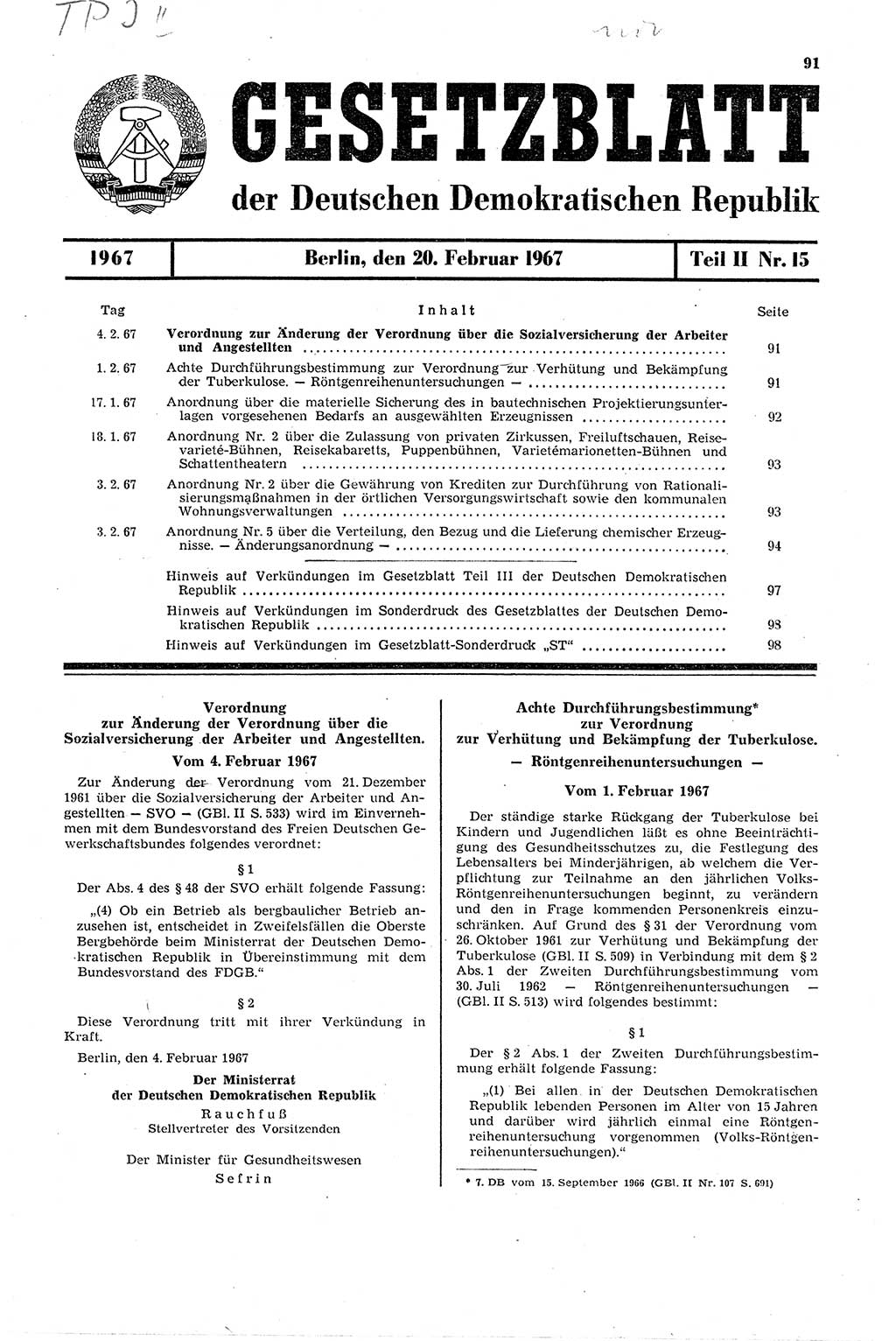 Gesetzblatt (GBl.) der Deutschen Demokratischen Republik (DDR) Teil ⅠⅠ 1967, Seite 91 (GBl. DDR ⅠⅠ 1967, S. 91)