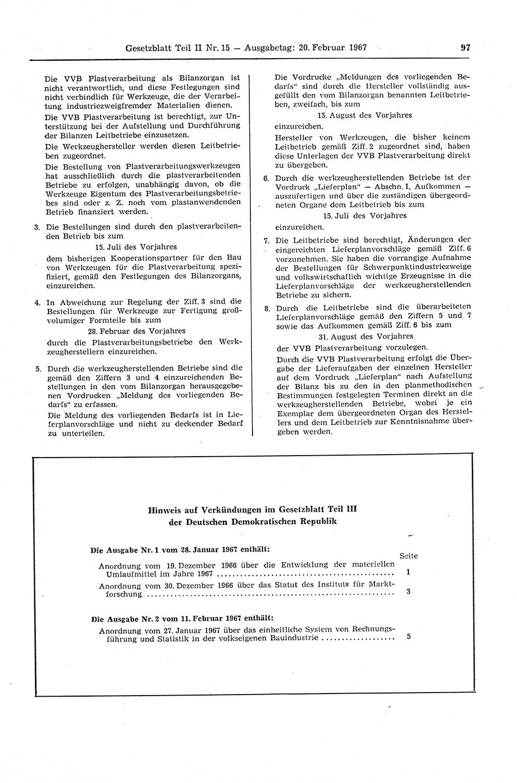 Gesetzblatt (GBl.) der Deutschen Demokratischen Republik (DDR) Teil ⅠⅠ 1967, Seite 97 (GBl. DDR ⅠⅠ 1967, S. 97)