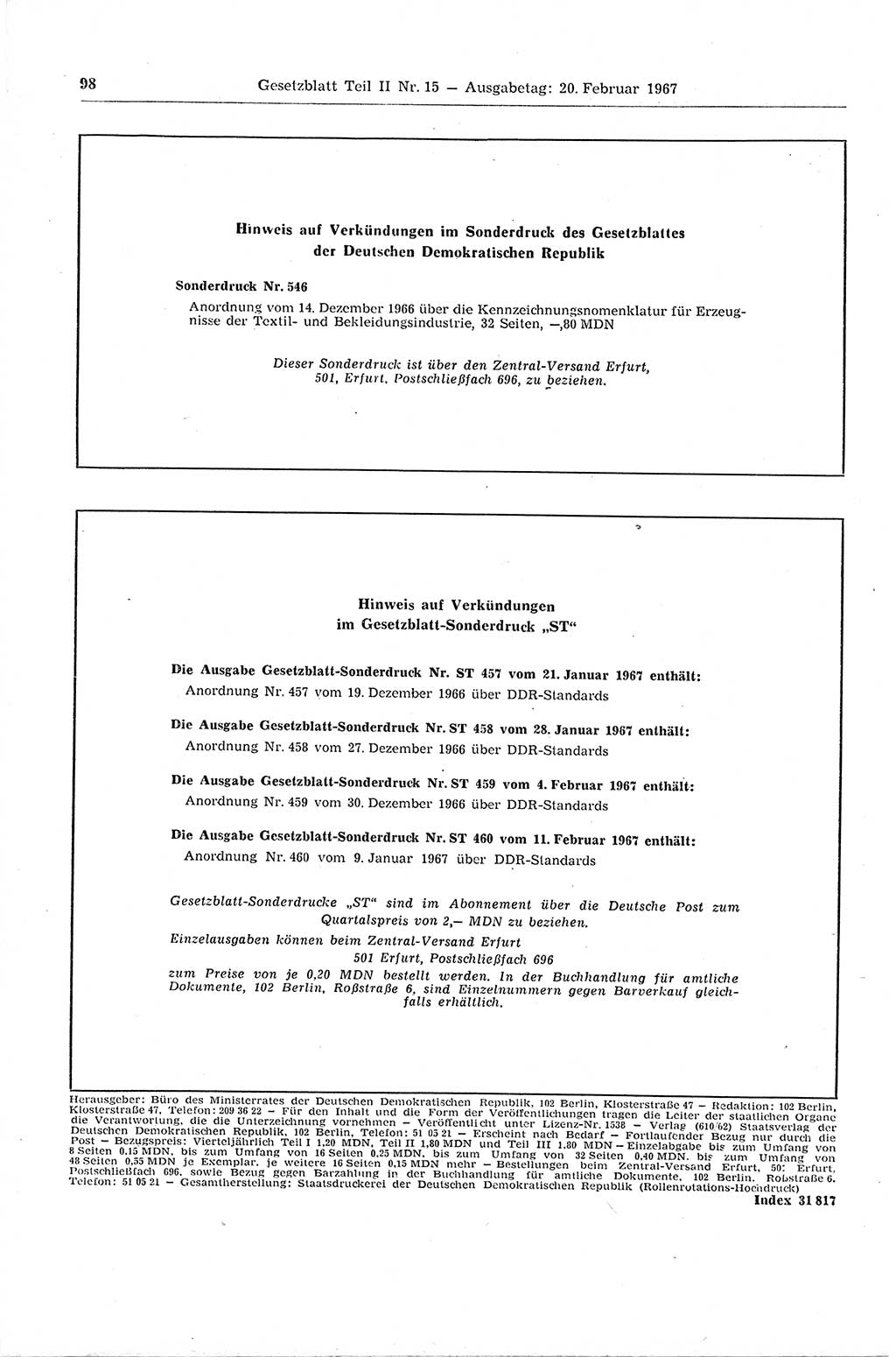 Gesetzblatt (GBl.) der Deutschen Demokratischen Republik (DDR) Teil ⅠⅠ 1967, Seite 98 (GBl. DDR ⅠⅠ 1967, S. 98)