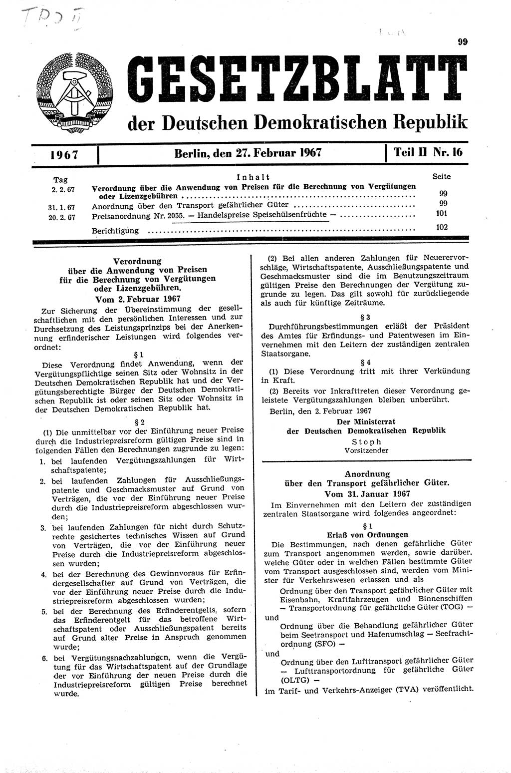 Gesetzblatt (GBl.) der Deutschen Demokratischen Republik (DDR) Teil ⅠⅠ 1967, Seite 99 (GBl. DDR ⅠⅠ 1967, S. 99)
