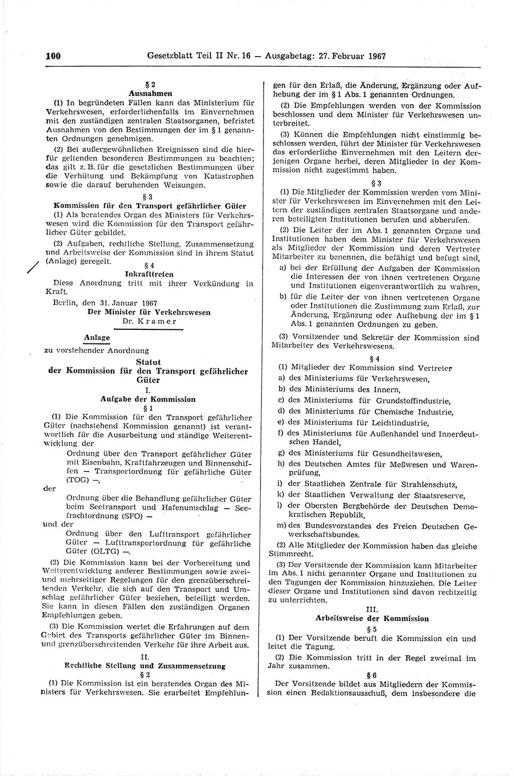 Gesetzblatt (GBl.) der Deutschen Demokratischen Republik (DDR) Teil ⅠⅠ 1967, Seite 100 (GBl. DDR ⅠⅠ 1967, S. 100)