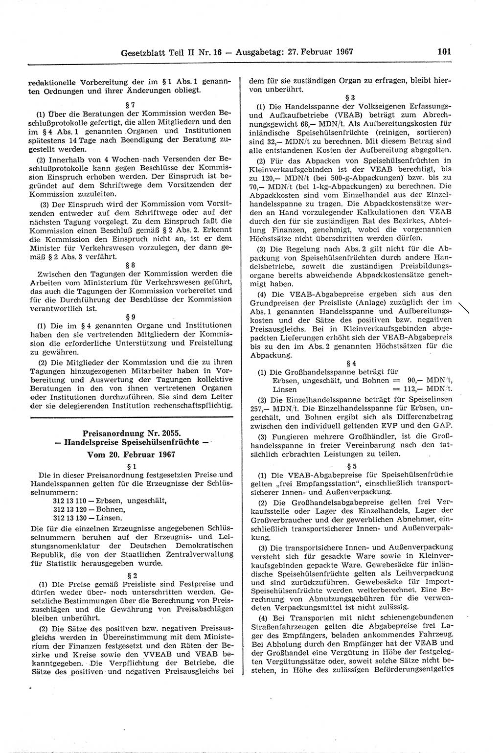 Gesetzblatt (GBl.) der Deutschen Demokratischen Republik (DDR) Teil ⅠⅠ 1967, Seite 101 (GBl. DDR ⅠⅠ 1967, S. 101)