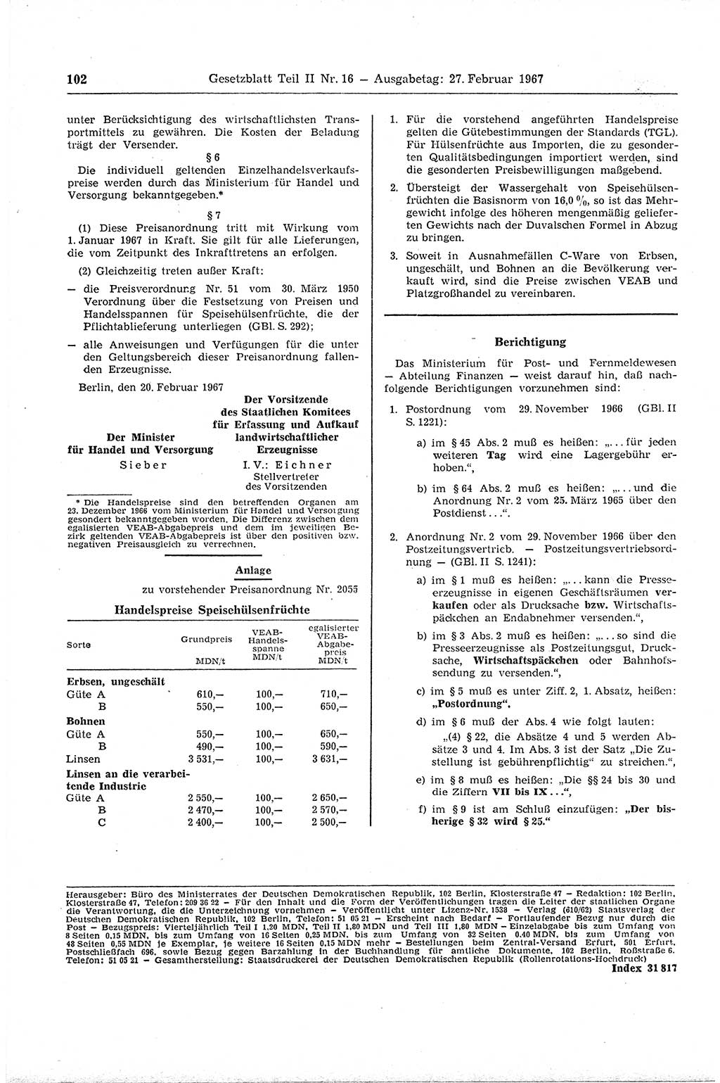 Gesetzblatt (GBl.) der Deutschen Demokratischen Republik (DDR) Teil ⅠⅠ 1967, Seite 102 (GBl. DDR ⅠⅠ 1967, S. 102)