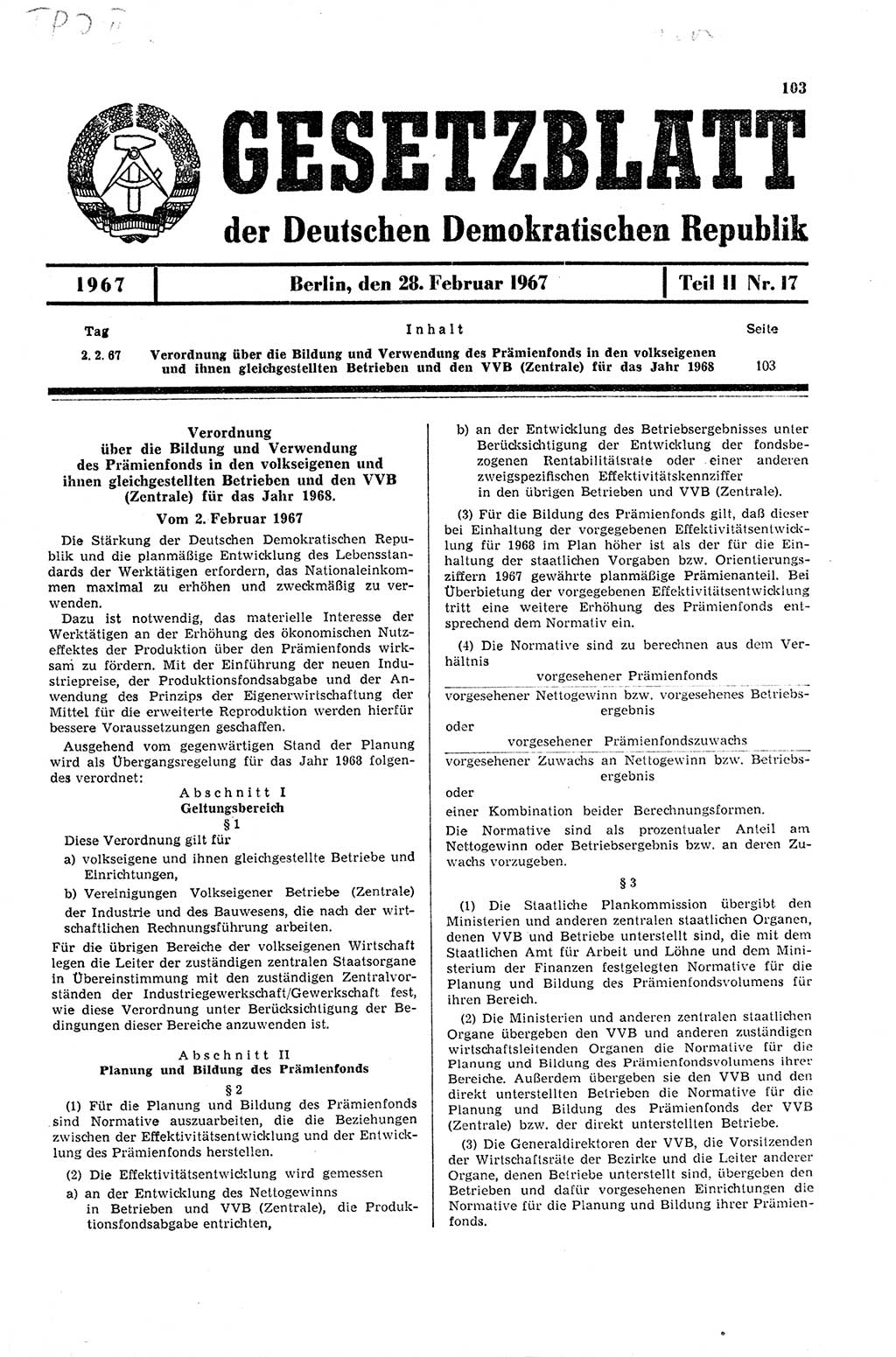 Gesetzblatt (GBl.) der Deutschen Demokratischen Republik (DDR) Teil ⅠⅠ 1967, Seite 103 (GBl. DDR ⅠⅠ 1967, S. 103)