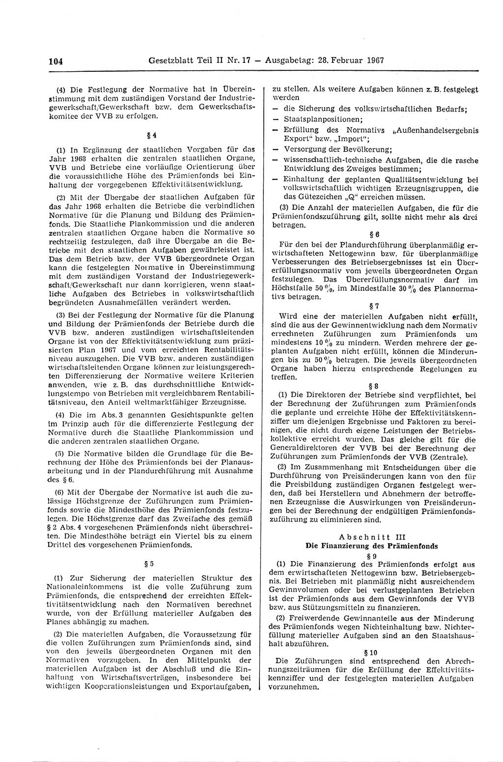 Gesetzblatt (GBl.) der Deutschen Demokratischen Republik (DDR) Teil ⅠⅠ 1967, Seite 104 (GBl. DDR ⅠⅠ 1967, S. 104)