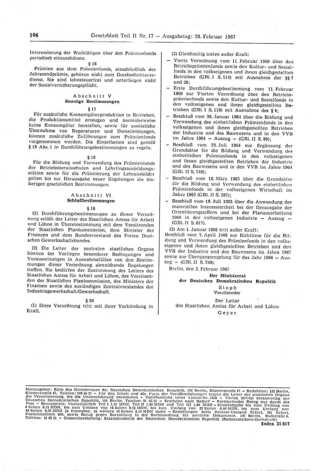 Gesetzblatt (GBl.) der Deutschen Demokratischen Republik (DDR) Teil ⅠⅠ 1967, Seite 106 (GBl. DDR ⅠⅠ 1967, S. 106)