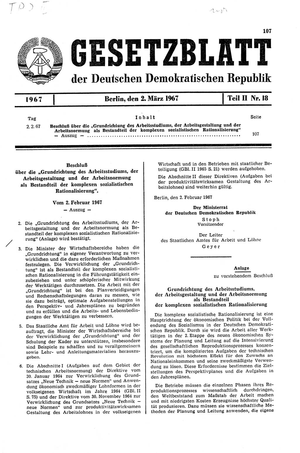 Gesetzblatt (GBl.) der Deutschen Demokratischen Republik (DDR) Teil ⅠⅠ 1967, Seite 107 (GBl. DDR ⅠⅠ 1967, S. 107)