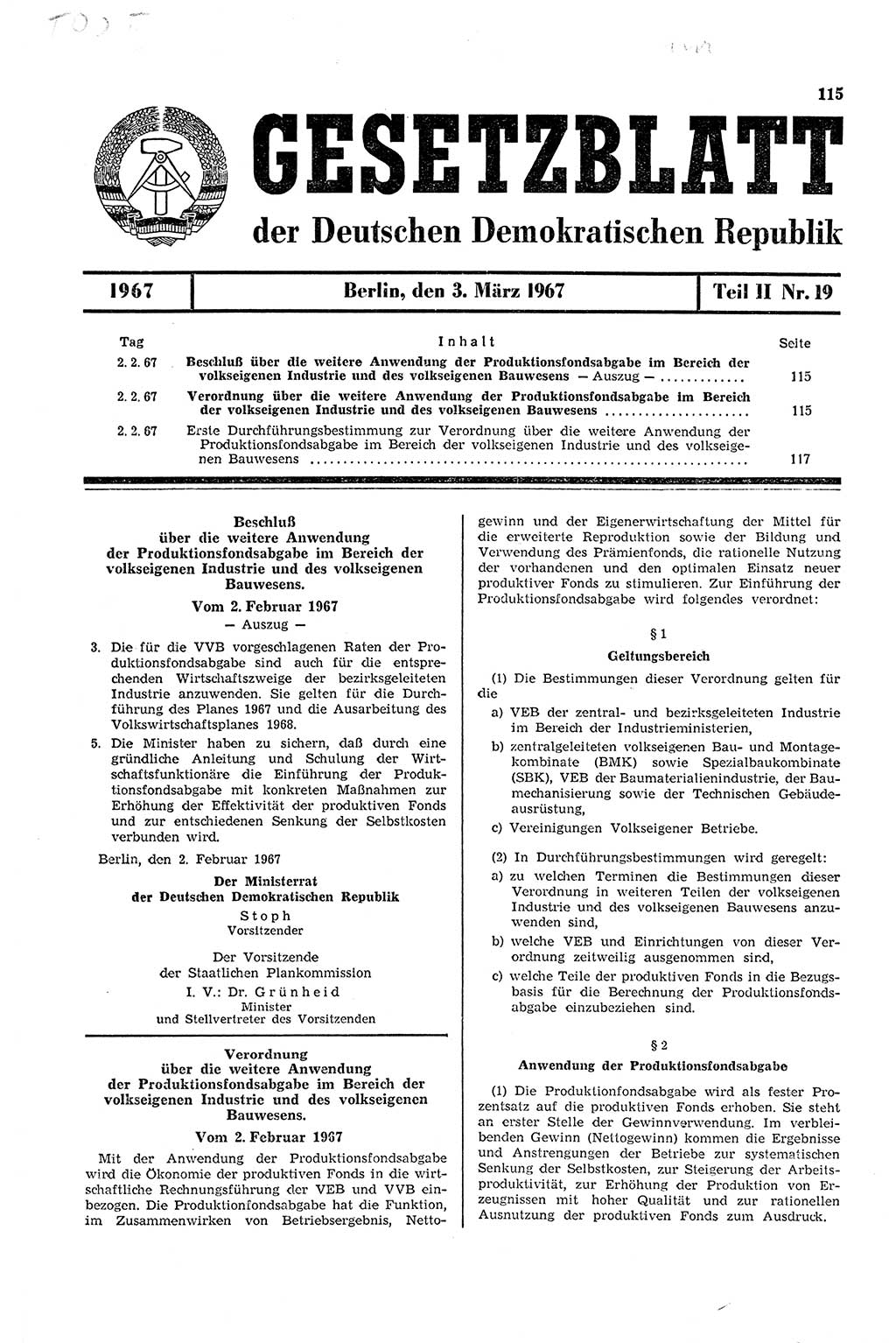 Gesetzblatt (GBl.) der Deutschen Demokratischen Republik (DDR) Teil ⅠⅠ 1967, Seite 115 (GBl. DDR ⅠⅠ 1967, S. 115)