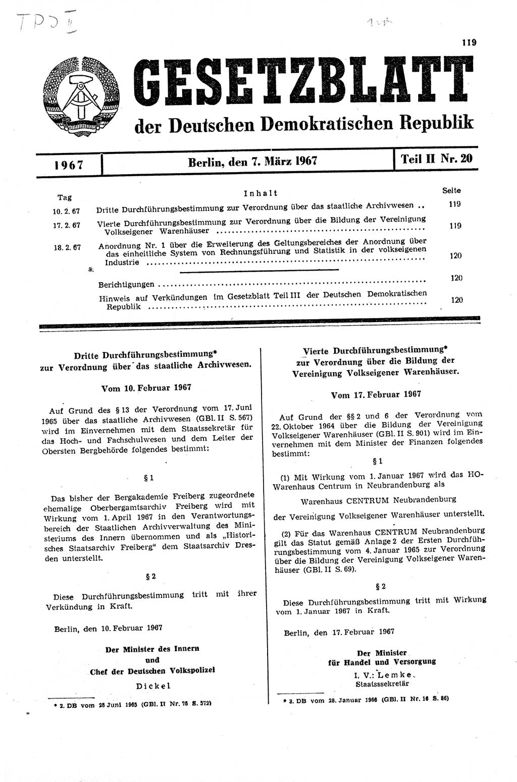 Gesetzblatt (GBl.) der Deutschen Demokratischen Republik (DDR) Teil ⅠⅠ 1967, Seite 119 (GBl. DDR ⅠⅠ 1967, S. 119)
