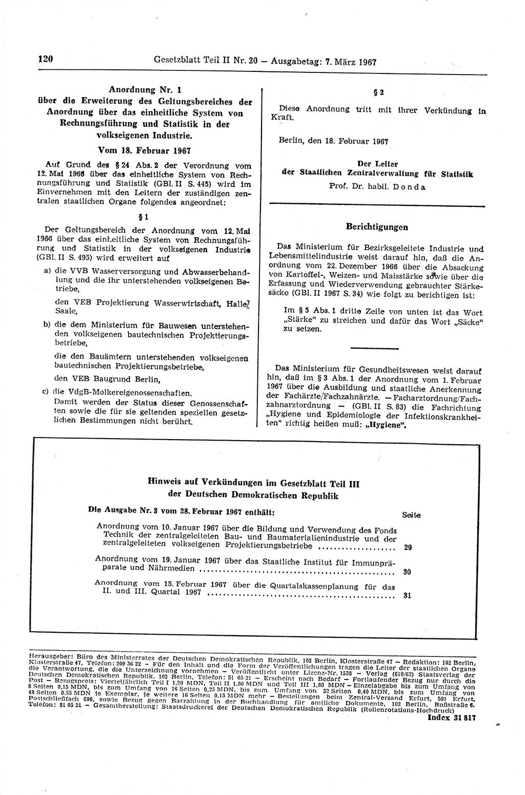 Gesetzblatt (GBl.) der Deutschen Demokratischen Republik (DDR) Teil ⅠⅠ 1967, Seite 120 (GBl. DDR ⅠⅠ 1967, S. 120)