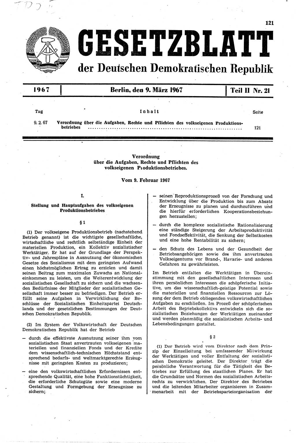 Gesetzblatt (GBl.) der Deutschen Demokratischen Republik (DDR) Teil ⅠⅠ 1967, Seite 121 (GBl. DDR ⅠⅠ 1967, S. 121)