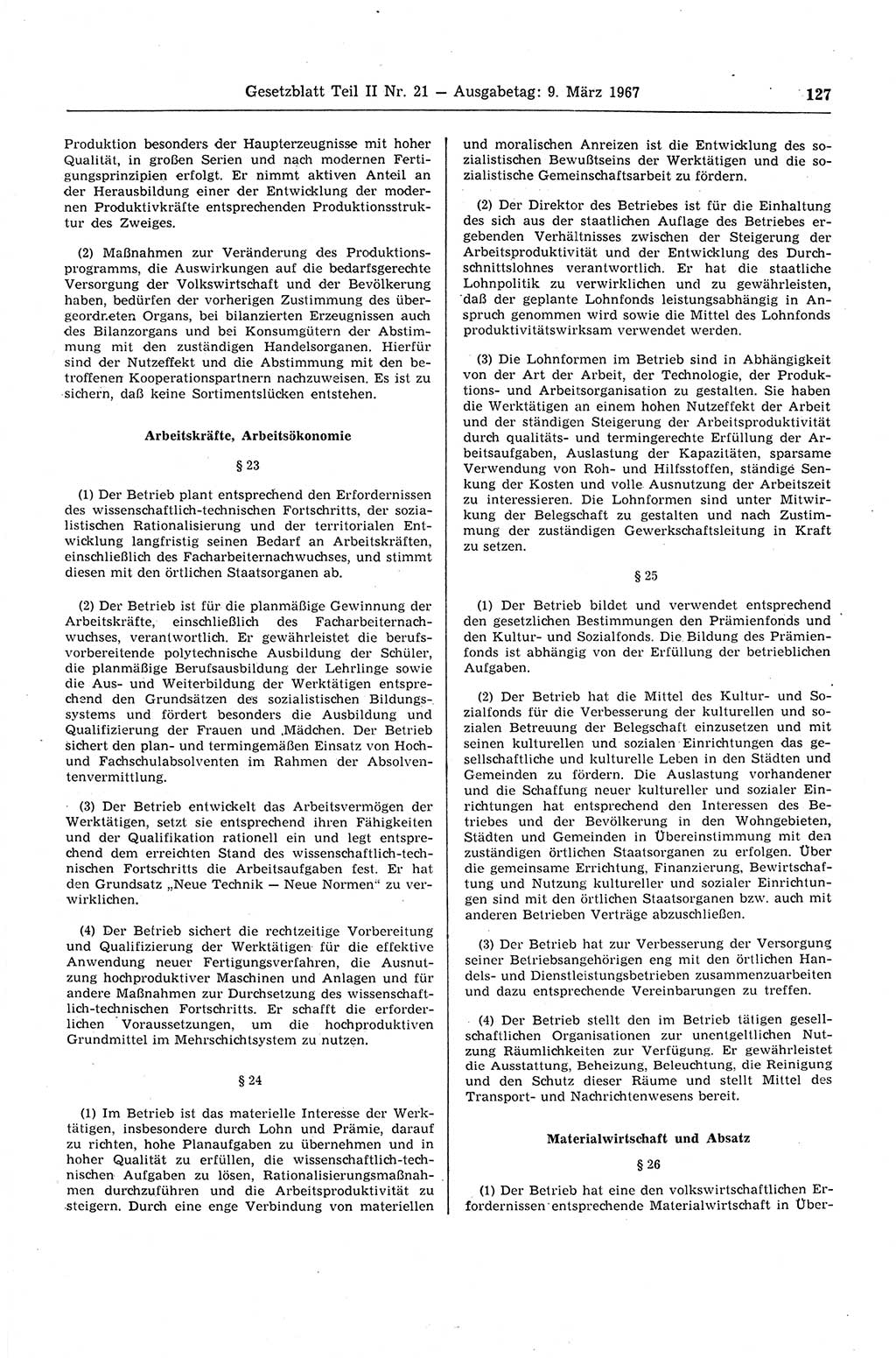 Gesetzblatt (GBl.) der Deutschen Demokratischen Republik (DDR) Teil ⅠⅠ 1967, Seite 127 (GBl. DDR ⅠⅠ 1967, S. 127)