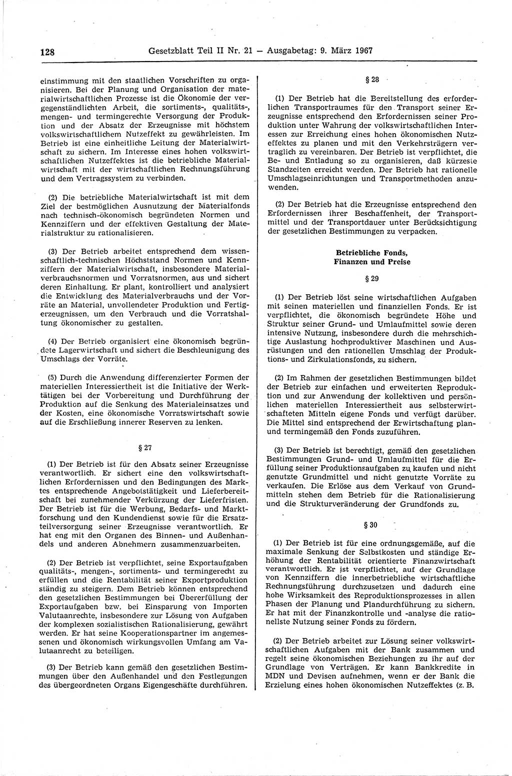 Gesetzblatt (GBl.) der Deutschen Demokratischen Republik (DDR) Teil ⅠⅠ 1967, Seite 128 (GBl. DDR ⅠⅠ 1967, S. 128)