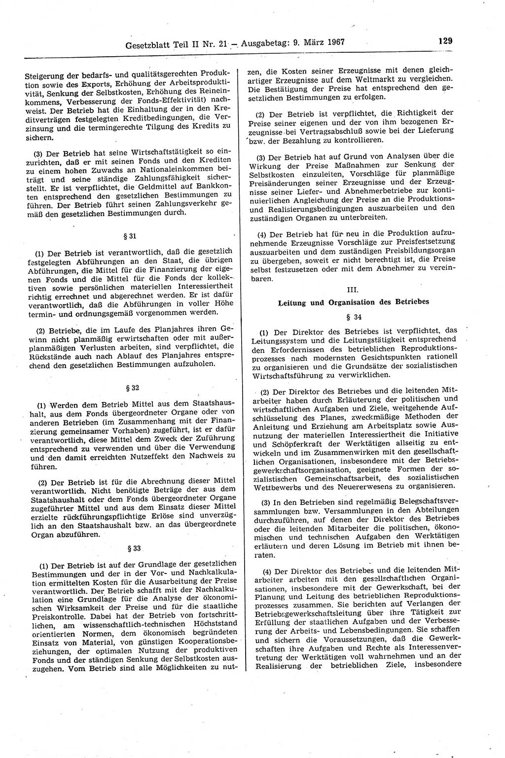 Gesetzblatt (GBl.) der Deutschen Demokratischen Republik (DDR) Teil ⅠⅠ 1967, Seite 129 (GBl. DDR ⅠⅠ 1967, S. 129)
